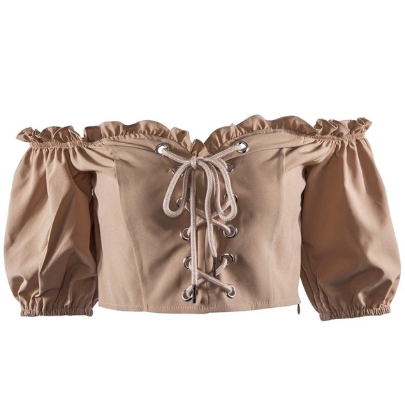 🆕Hayden Nude Lace Up Off the Shoulder Crop Top - Picture 4 of 7